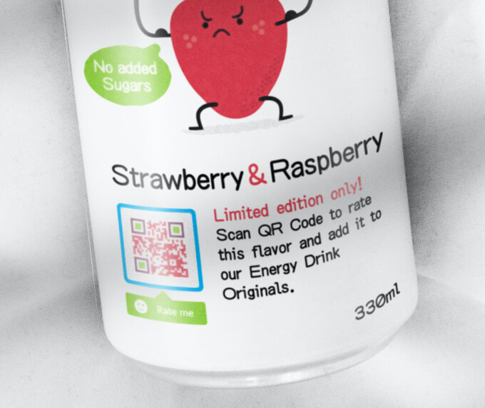 A label on a bottled energy drink with a QR Code that gets consumers to leave a five-star scale rating about the drink.