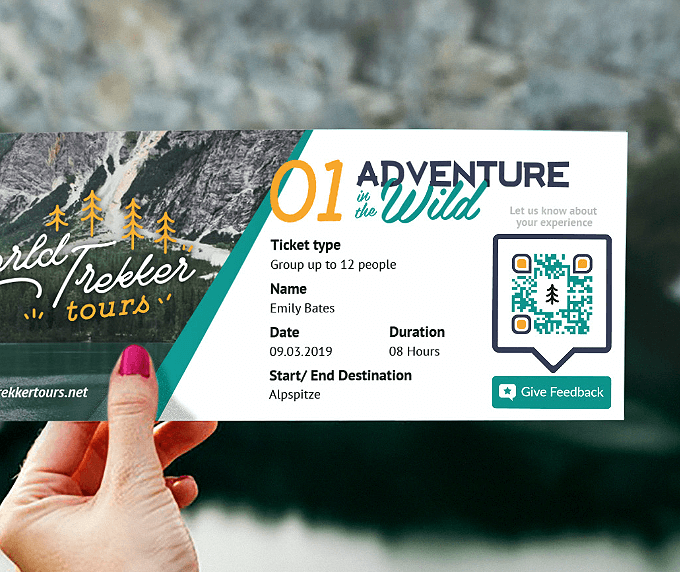 Admission ticket from a travel and tours company with a QR Code that lets customers leave detailed feedback when scanned.